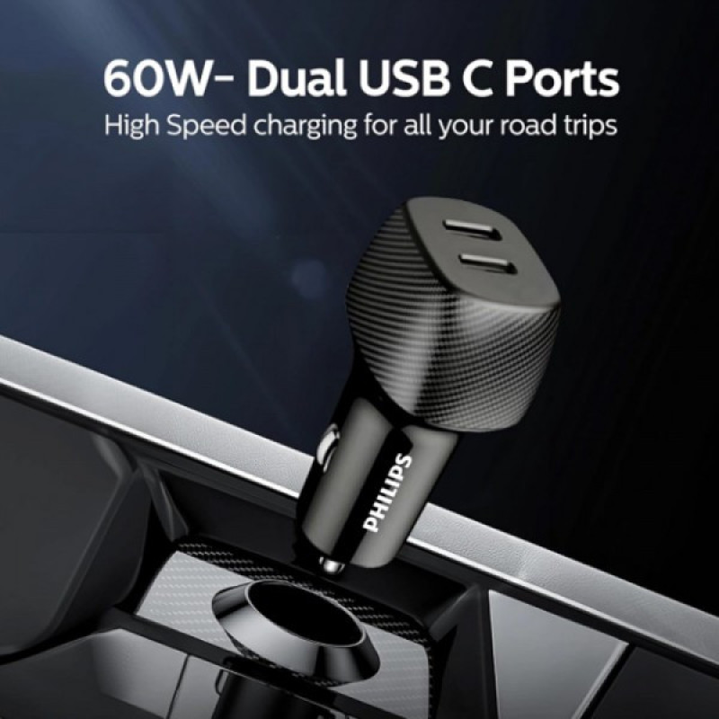 شارژر فندکی 30 وات 2 پورت فیلیپس مدل DLP5522C به همراه کابل تبدیل USB-C