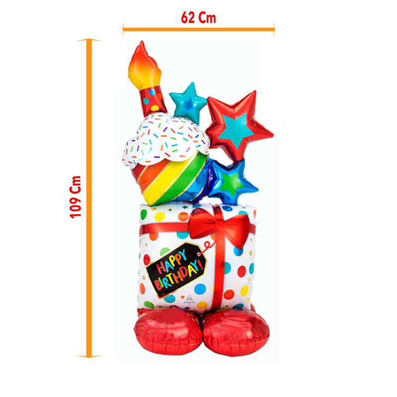 بادکنک فویلی لاکی بالونز مدل happy birthday طرح کیک و کادو