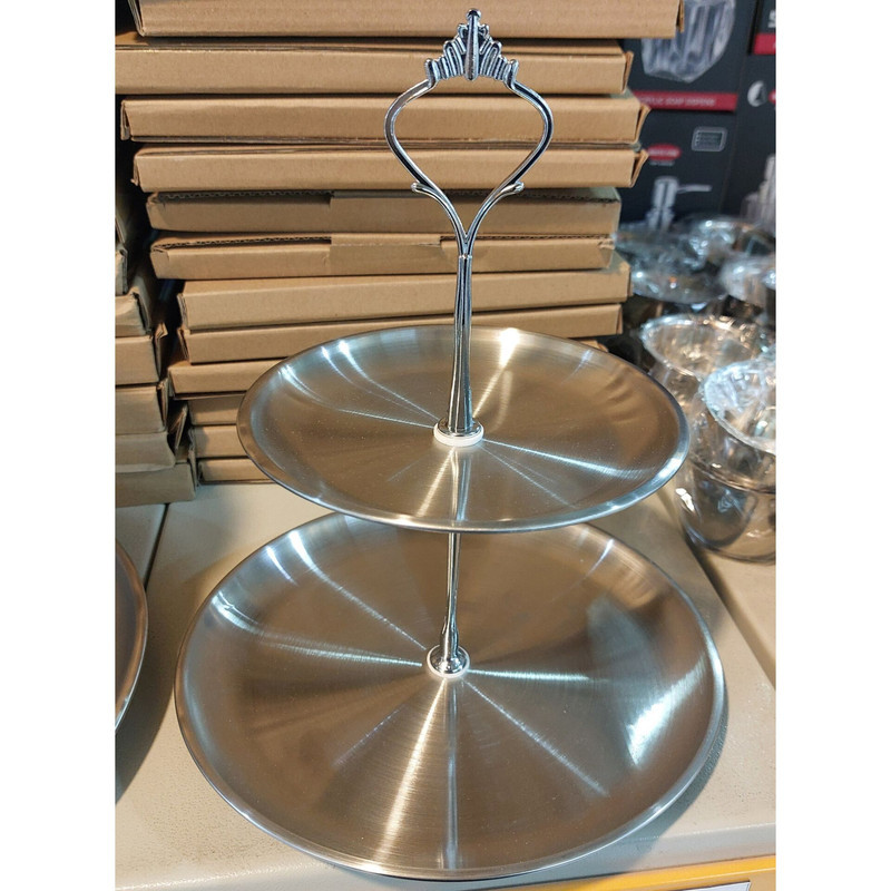 شیرینی‌خوری استیل 2 طبقه دایره‌ای با قطر 20 و 14 سانتی‌متر، مناسب سرو شیرینی و دسر، قابل شستشو با دست و ماشین ظرفشویی، دارای جعبه، کد DH2