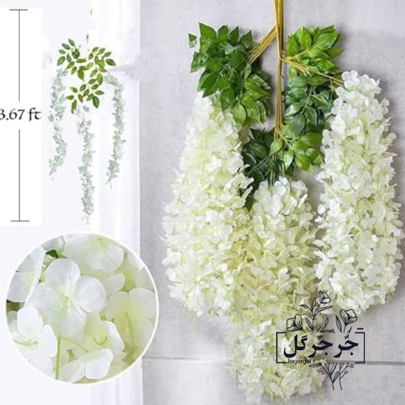 گل مصنوعی جُرجُرگل مدل آویز شکوفه آقاقیا، مناسب نصب آویزی، رومیزی و دیواری، طول 70 سانتی‌متر، وزن 250 گرم، ابعاد 30×20×70 سانتی‌متر، بسته 12 عددی