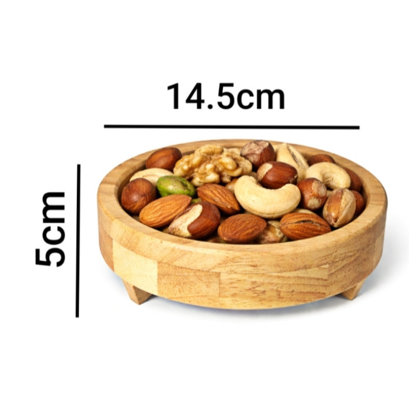 ظرف سرو چوبی پایه‌دار مدل BM14 قطر 14.5 سانتی‌متر، مناسب آجیل‌خوری، شکلات‌خوری، نبات‌خوری و زیتون‌خوری، ساخته شده از رابروود درجه یک، شست‌وشو با دست