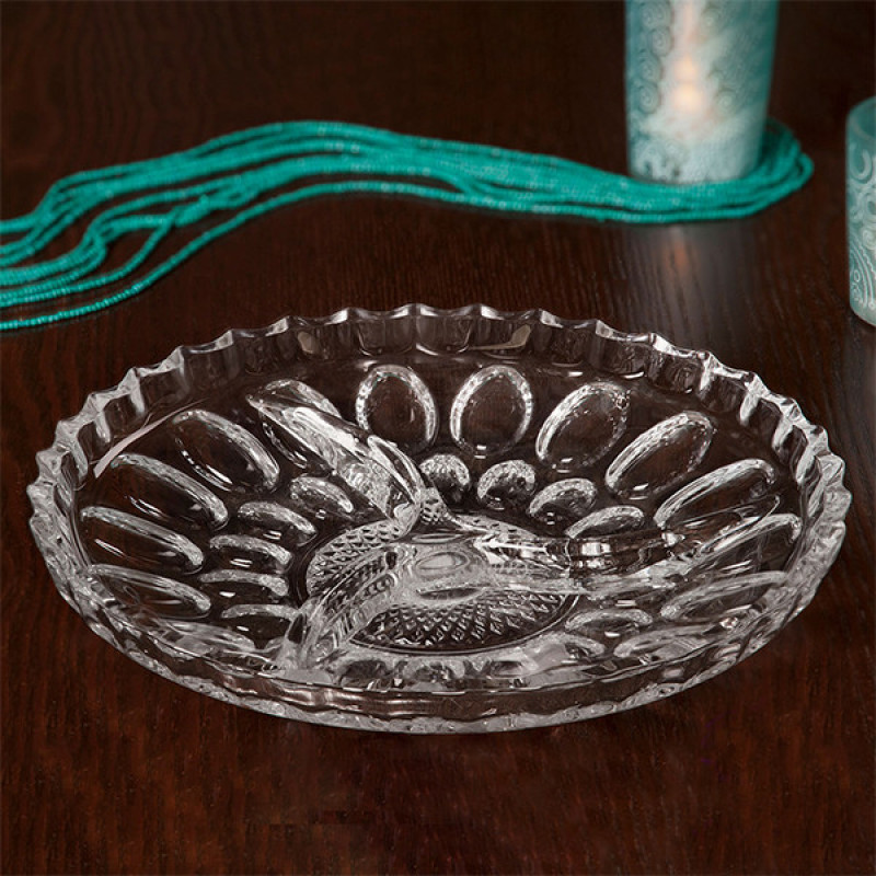 اردوخوری مینا کریستال مدل بلور دایره‌ای شفاف، مناسب شستشو با دست و ماشین ظرفشویی، ابعاد 23×23×4 سانتی‌متر، وزن 300 گرم