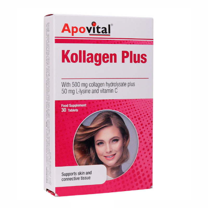 قرص کلاژن پلاس آپوویتال مدل Kollagen Plus حاوی کلاژن هیدرولیز شده، ویتامین سی و ال لیزین، کمک به حفظ استحکام پوست، کاهش چین و چروک، تقویت رشد مو و ناخن و بهبود عملکرد مفاصل، بسته 30 عددی ساخت آلمان