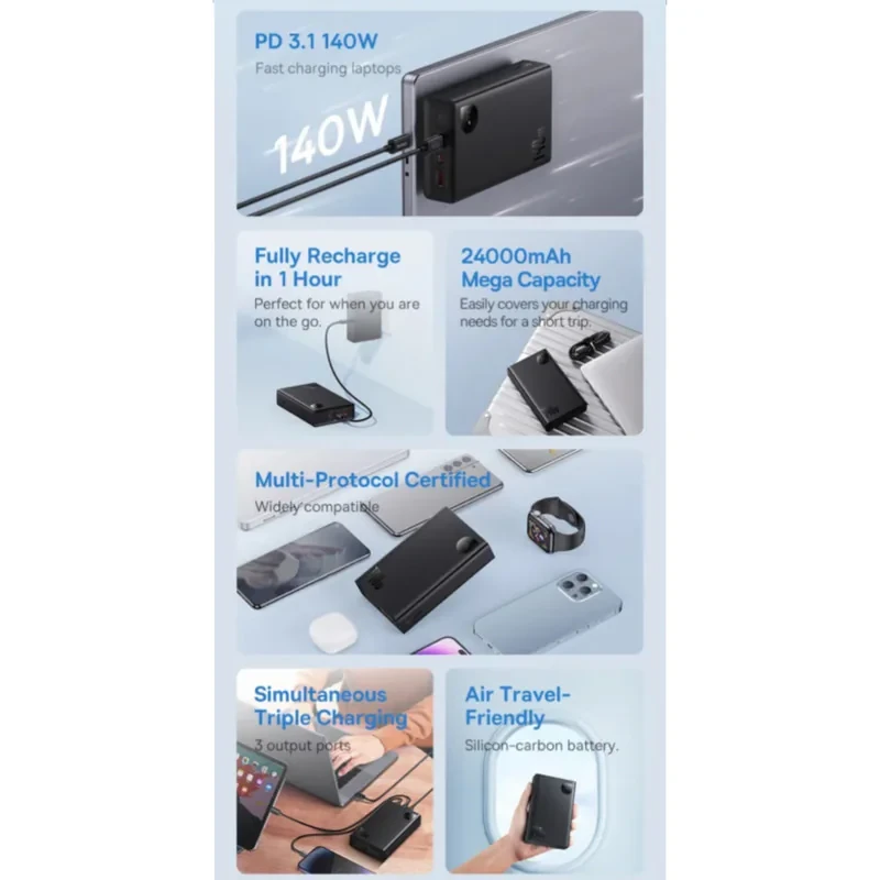 پاوربانک بیسوس مدل Adaman  140W ظرفیت 24000 میلی آمپر ساعت