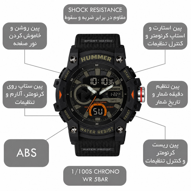 ساعت مچی عقربه‌ای و دیجیتال مردانه هامر مدل دوزمانه کرونوگراف موتور ژاپن 1440HM-C4