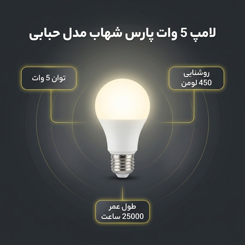 لامپ 5 وات پارس شهاب مدل حبابی پایه E27