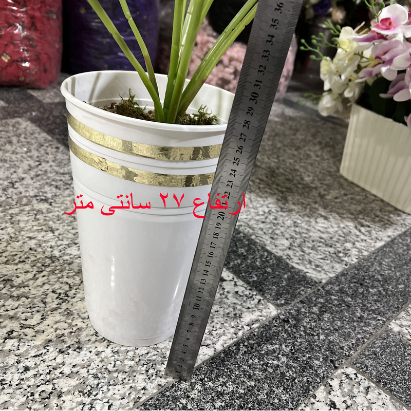 گلدان به همراه گل مصنوعی پالم مدل پالم 9 برگ، مناسب کاکتوس و گیاهان آپارتمانی، نصب رومیزی، دیواری و آویزی، ابعاد 10×15×80 سانتی‌متر، وزن 300 گرم