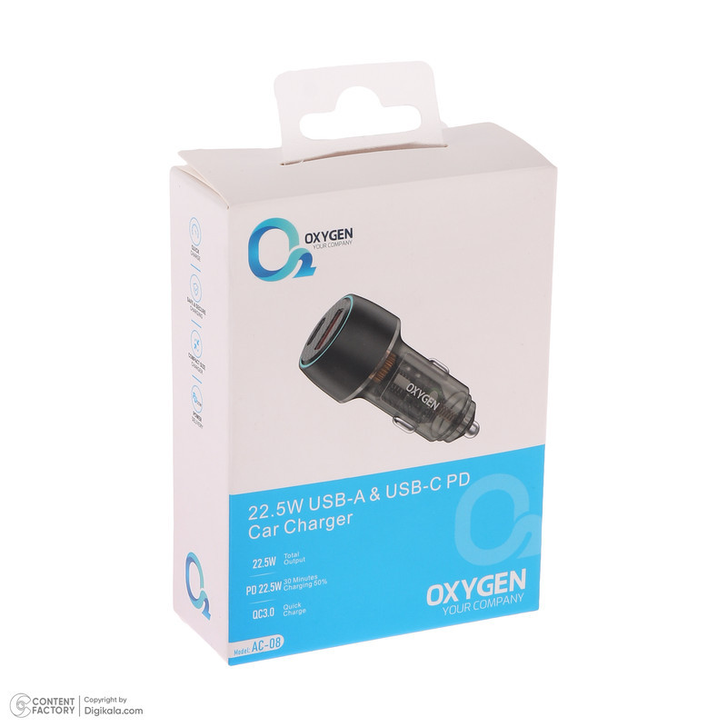 شارژر فندکی 22.5 وات دو پورت اکسیژن مدل AC-08