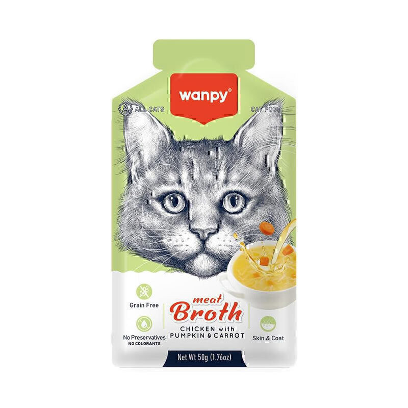 سوپ گربه ونپی مدل Meat Broth با طعم مرغ، کدوحلوایی و هویج وزن 150 گرم بسته 3 عددی