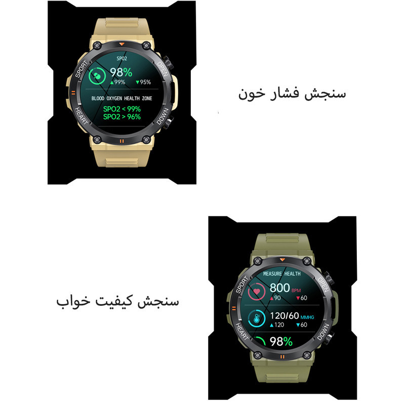 ساعت هوشمند مدل K56 Pro دارای قابلیت های شمارنده ضربان قلب، کنترل سطح اکسیژن خون، کنترل فشار خون، کنترل موسیقی، گام شمار، بند سیلیکونی