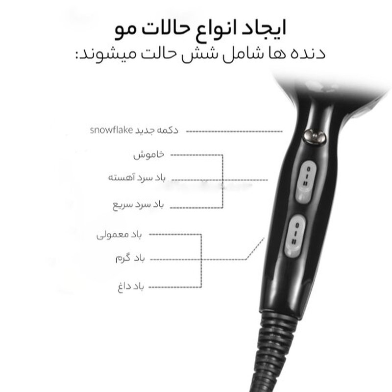سشوار حرفه‌ای 2200 وات وی جی ار مدل V-413، موتور AC، وزن 802 گرم، المنت سرامیک تورمالین، دارای سری متمرکز‌کننده باریک، متمرکز‌کننده پهن با ویژگی صاف‌کنندگی، حجم‌دهندگی، با قابلیت باد سرد