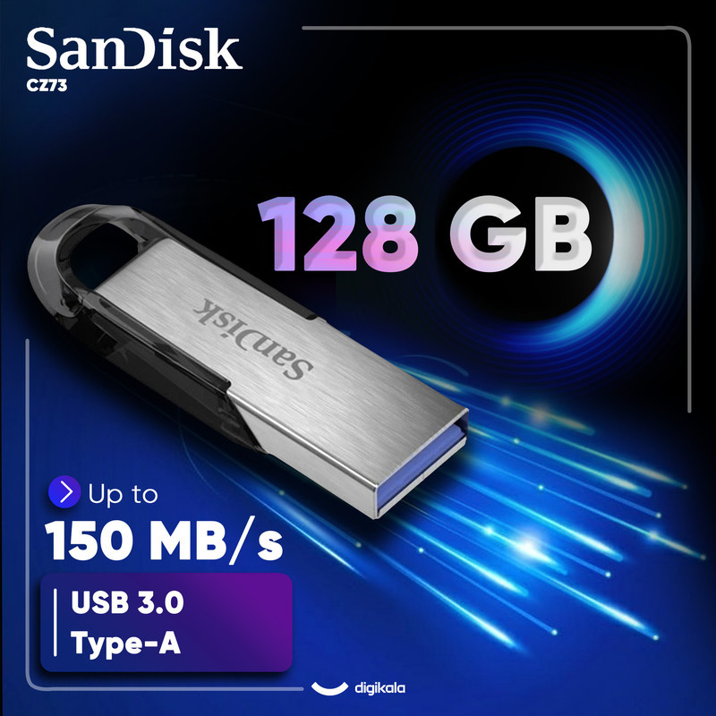فلش مموری سن‌دیسک مدل CZ73 ظرفیت 128 گیگابایت با بدنه فلزی، رابط USB 3.0 و سرعت انتقال 150 مگابایت بر ثانیه، سازگار با کامپیوتر، لپ‌تاپ، گوشی و تلویزیون