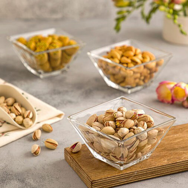 ظرف پذیرایی شیشه‌ای لیمون، مدل کاسه مربعی، پیاله سرو 6 عددی