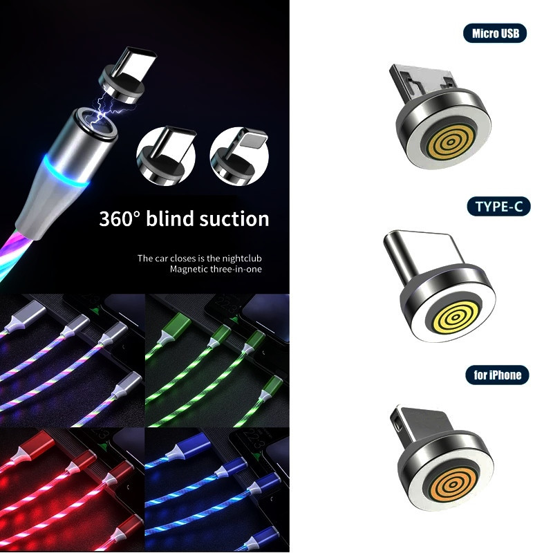 کابل تبدیل مغناطیسی  USB به MicroUSB  USB-C  لایتنینگ مدل  RGB  1x3 طول 1 متر