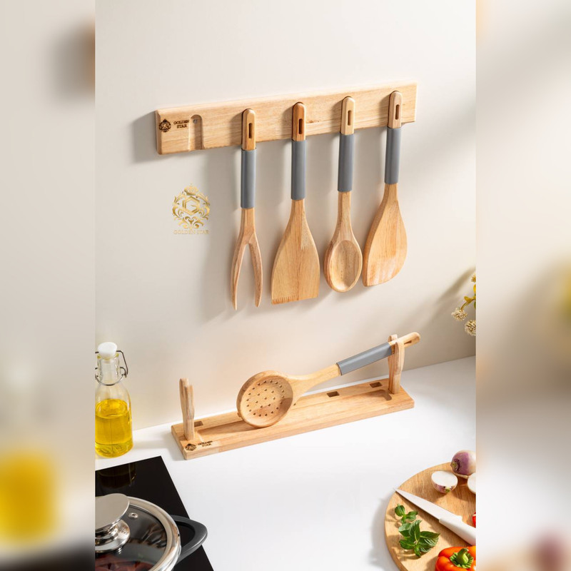 سرویس کفگیر و ملاقه چوبی 7 پارچه گلدن استار مدل مگنتی