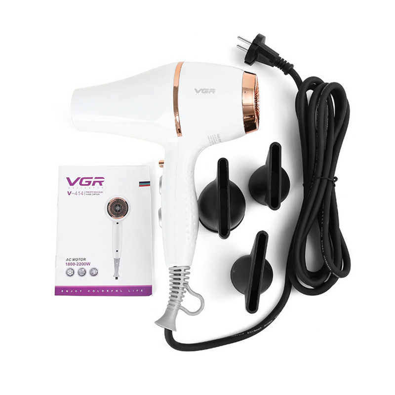 سشوار حرفه‌ای 2200 وات وی جی ار مدل V-414، موتور AC، وزن 802 گرم، المنت سرامیک تورمالین، دارای سری متمرکز‌کننده باریک، متمرکز‌کننده پهن با ویژگی صاف‌کنندگی، حجم‌دهندگی، با قابلیت تنظیم دما، فناوری تولید یون