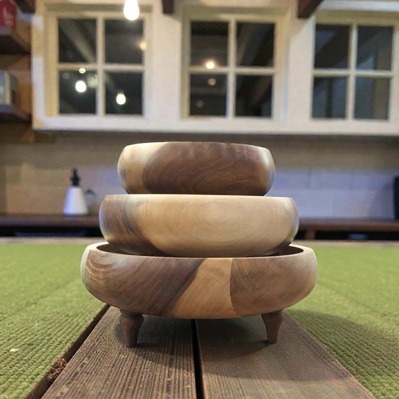 کاسه چوبی مدل خمره ای پایه دار بسته 3 عددی
