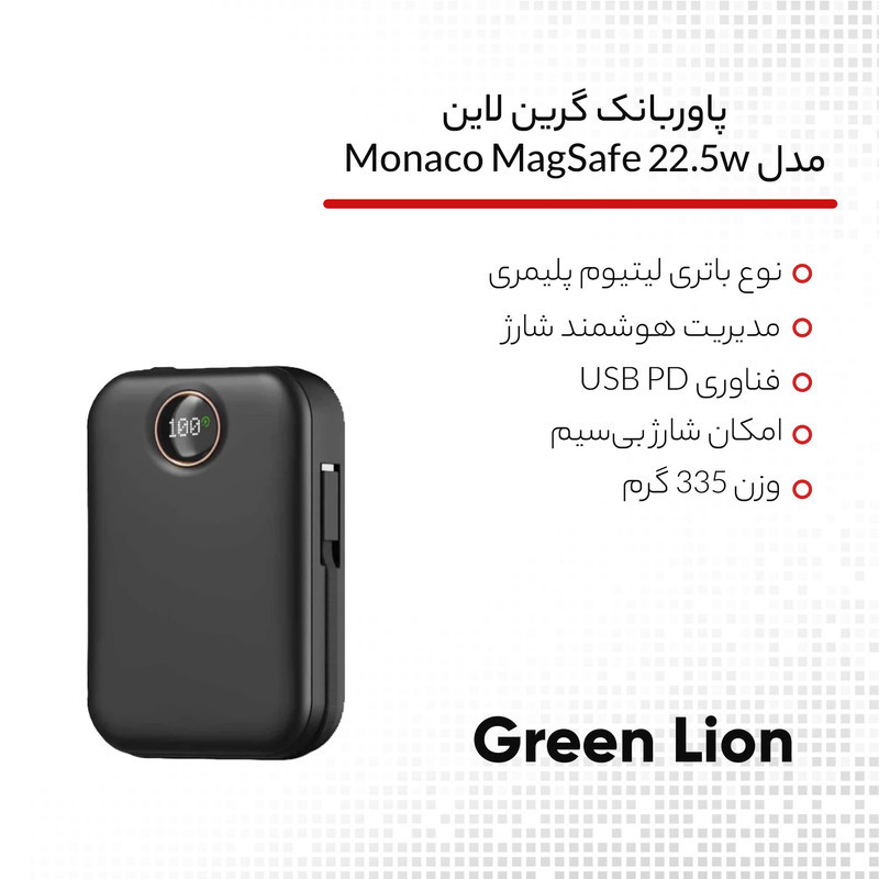 پاوربانک 22.5 وات گرین لاین مدل Monaco MagSafe  ظرفیت 20000 میلی آمپر ساعت