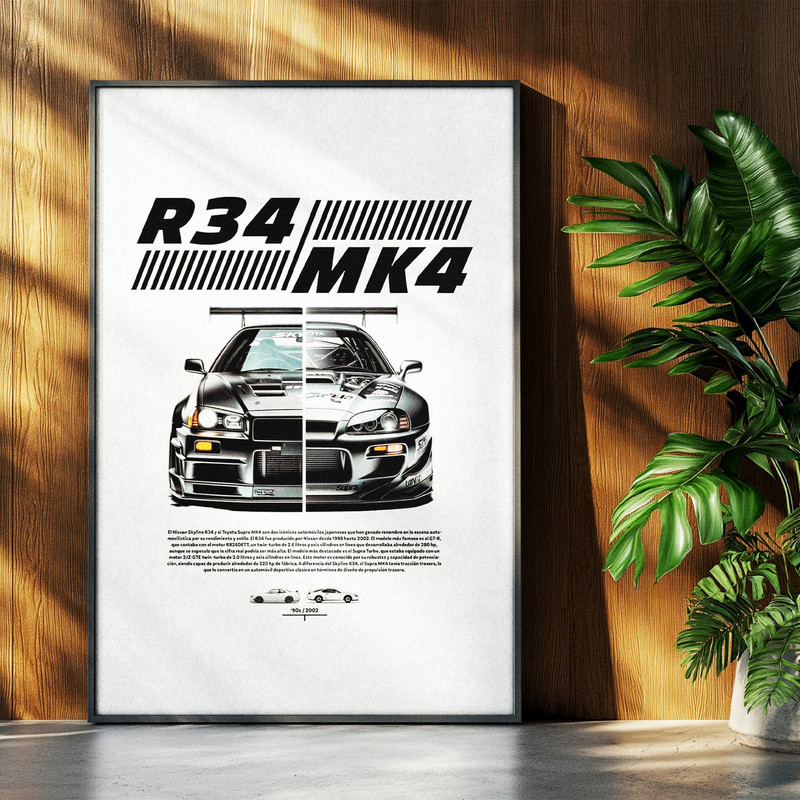 تابلو بکلیت طرح ماشین و خودرو تویوتا TOYOTA SUPRA MK4 و نیسان Nissan GT-R R34 مدل b-po1564 فریم مشکی