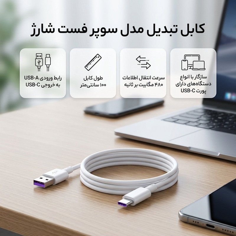 کابل تبدیل USB به USB-C مدل سوپر فست شارژ طول 1 متر