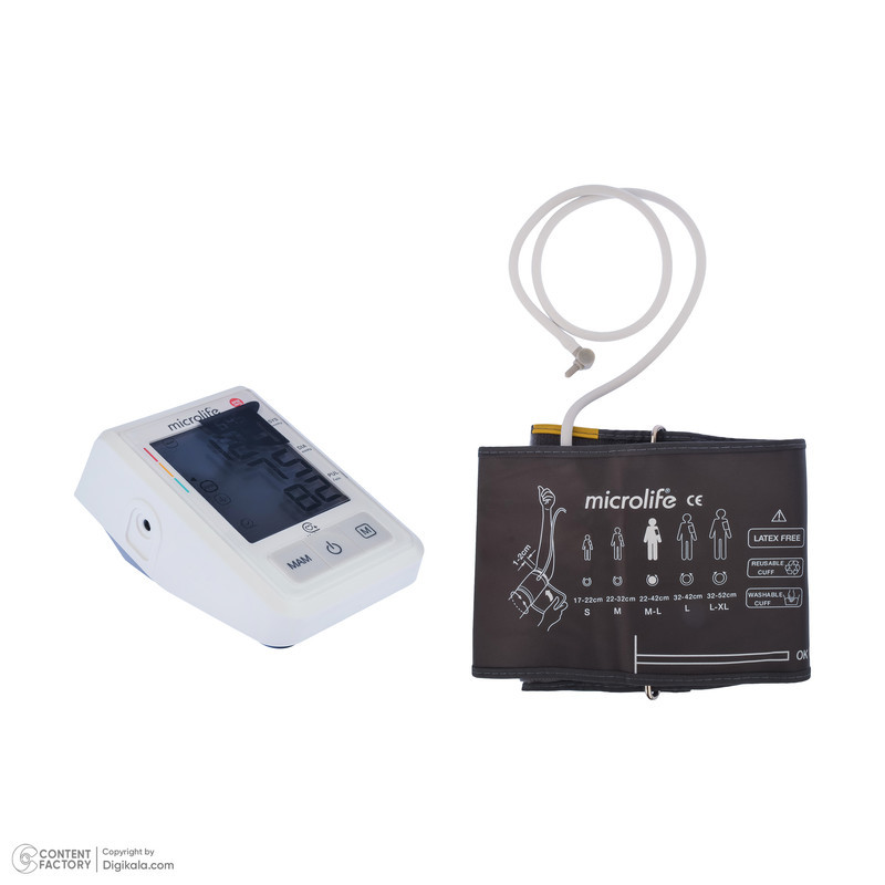 فشارسنج بازویی دیجیتال مایکرولایف مدل BP-B3 با حافظه ذخیره نتایج، مناسب بازو 22 تا 42 سانتی‌متر، منبع تغذیه باتری و همراه با کیف نگهدارنده و کاف