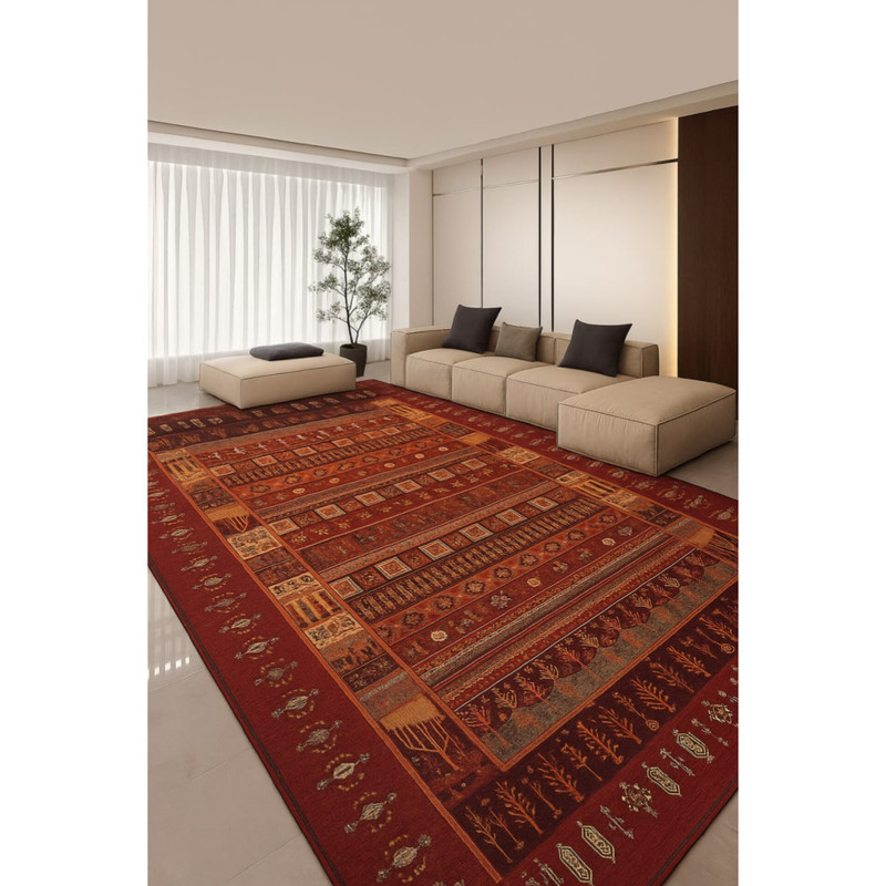 فرش ماشینی 700 شانه زمینه لاکی حاشیه لاکی مدل بلوچ bcf کد 801