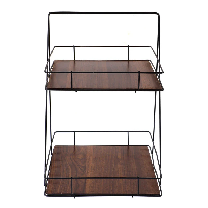 استند پذیرایی دو طبقه MDF و فلز مدل دو طبقه کف چوبی با طراحی مربع و وزن 615 گرم، مناسب سرو و پذیرایی با استحکام بالا و امکان استفاده در فضای داخلی