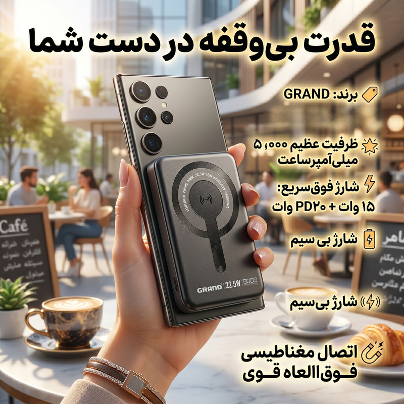 پاوربانک بی‌سیم 22.5 وات گرند اسکای مدل مگ سیف GPW-05 ظرفیت 5000 میلی‌ آمپرساعت