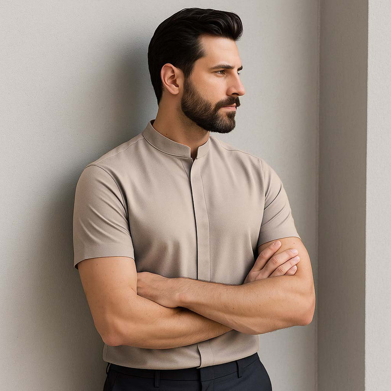 پیراهن آستین کوتاه یقه ایستاده با تنخور معمولی (regular fit) مردانه مدل رهاورد کد KERM