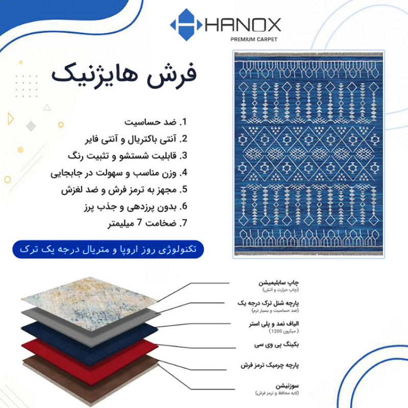 فرش ماشینی 1000 شانه زمینه آبی حاشیه طوسی هانوکس مدل مراکشی کد MHX.005.1