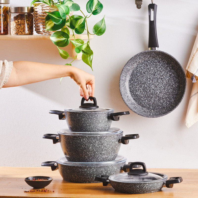 سرویس قابلمه وتابه بیوگرانیتی 9 پارچه کاراجا مدل Biogranit Grey Stone