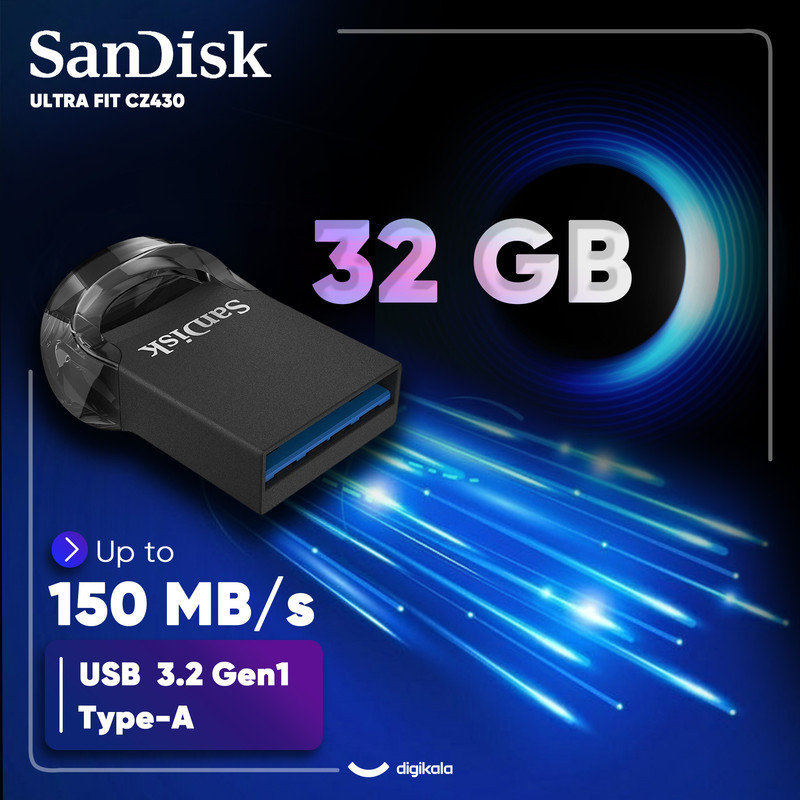 فلش مموری سن دیسک مدل ULTRA FIT USB 3.1 ظرفیت 32 گیگابایت با سرعت خواندن 130 مگابایت بر ثانیه، طراحی فوق کوچک، نرم‌افزار امنیتی SanDisk SecureAccess و بازیابی فایل RESCUEPRO Deluxe، مناسب ضبط خودرو و تلویزیون