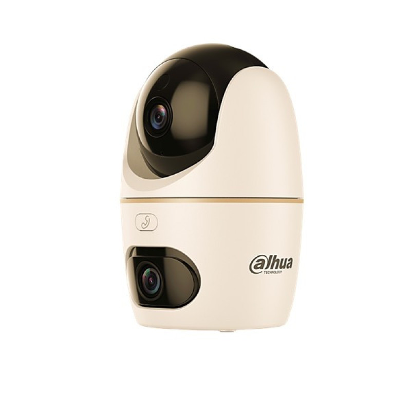 دوربین مدار بسته تحت شبکه داهوا مدل HERO DUAL D1-H3D-3F با رزولوشن 3+3 مگاپیکسل، دو لنز مجزا، اتصال بی‌سیم و باسیم، تشخیص هوشمند حرکت انسان و حیوان، هشدار نوری و صوتی، مکالمه دوطرفه و مدیریت از راه دور از طریق اپلیکیشن