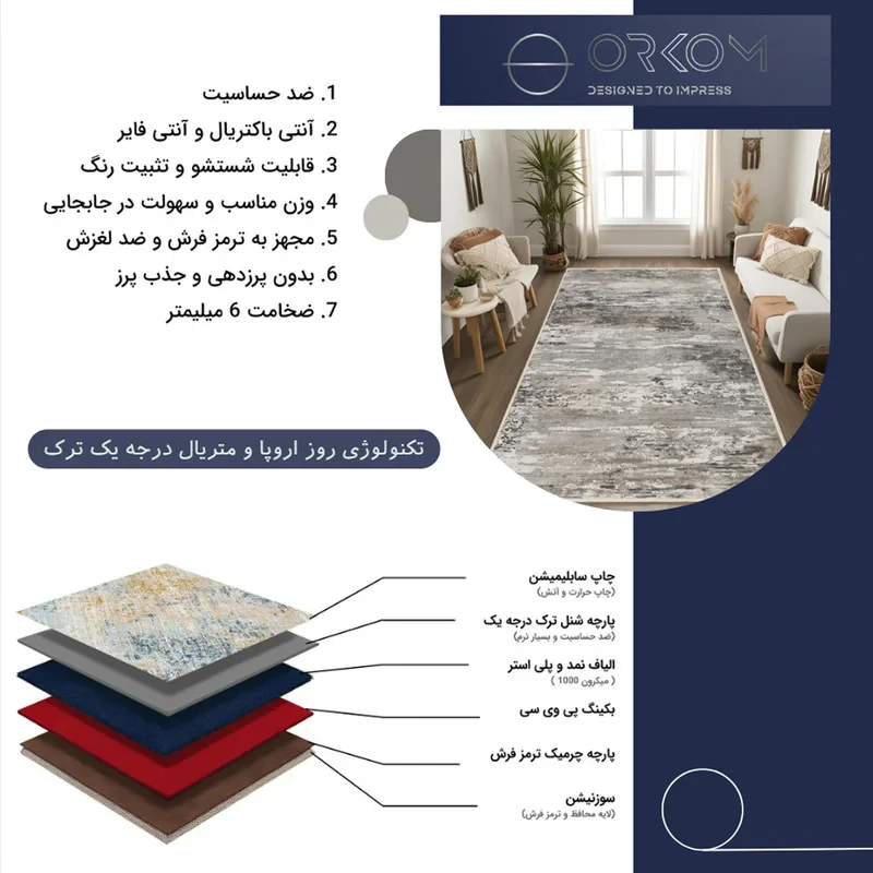 فرش ماشینی 1000 شانه زمینه کرم حاشیه طوسی مدل نانو چاپ بدون پرز طرح مینیمال دلتا کد OR.1122.08