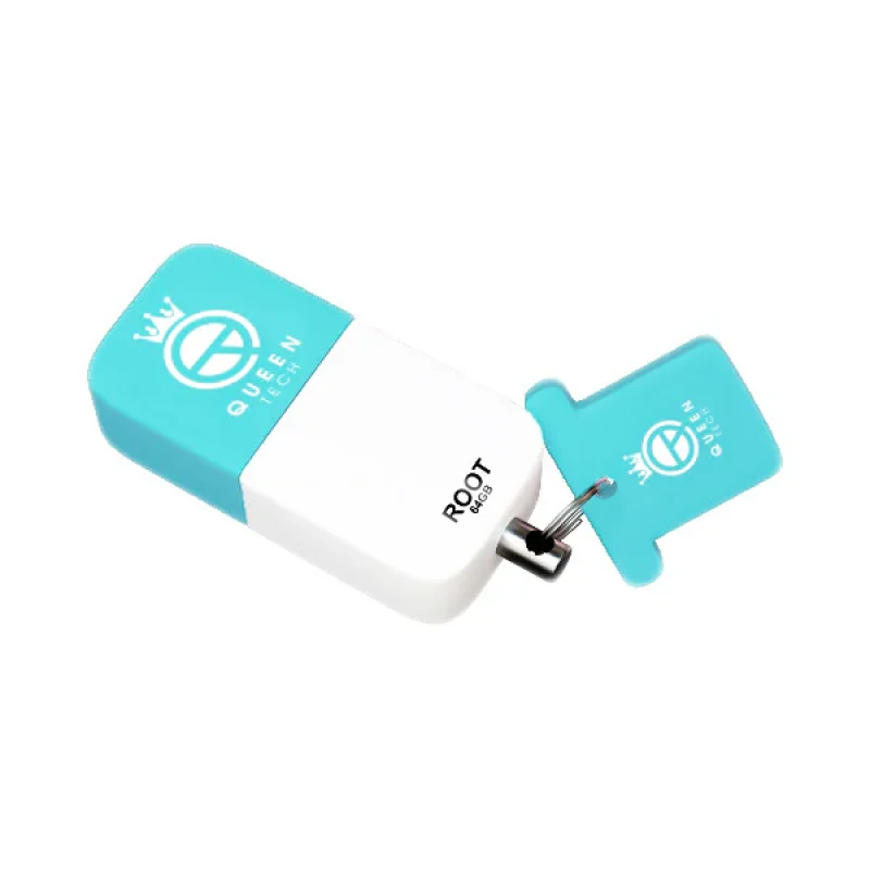 فلش مموری کوئین تک مدل ROOT ظرفیت 64 گیگابایت با رابط USB 2.0 و سرعت خواندن 25 مگابایت بر ثانیه، طراحی درپوش‌دار و بند آویز، سازگار با تمام سیستم‌عامل‌ها و دستگاه‌های مختلف