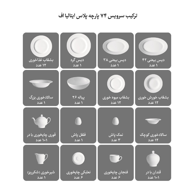 سرویس غذاخوری 74 پارچه چینی زرین ایران مدل ایتالیا اف پلاس برایدال درجه یک