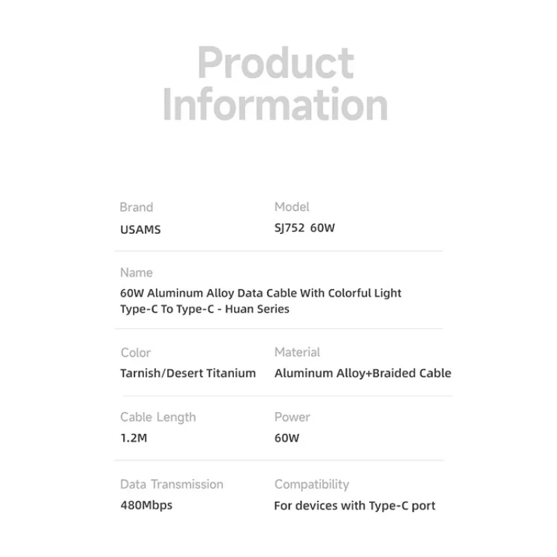 کابل USB-C یوسمز مدل SJ752-60W طول 1.2 متر
