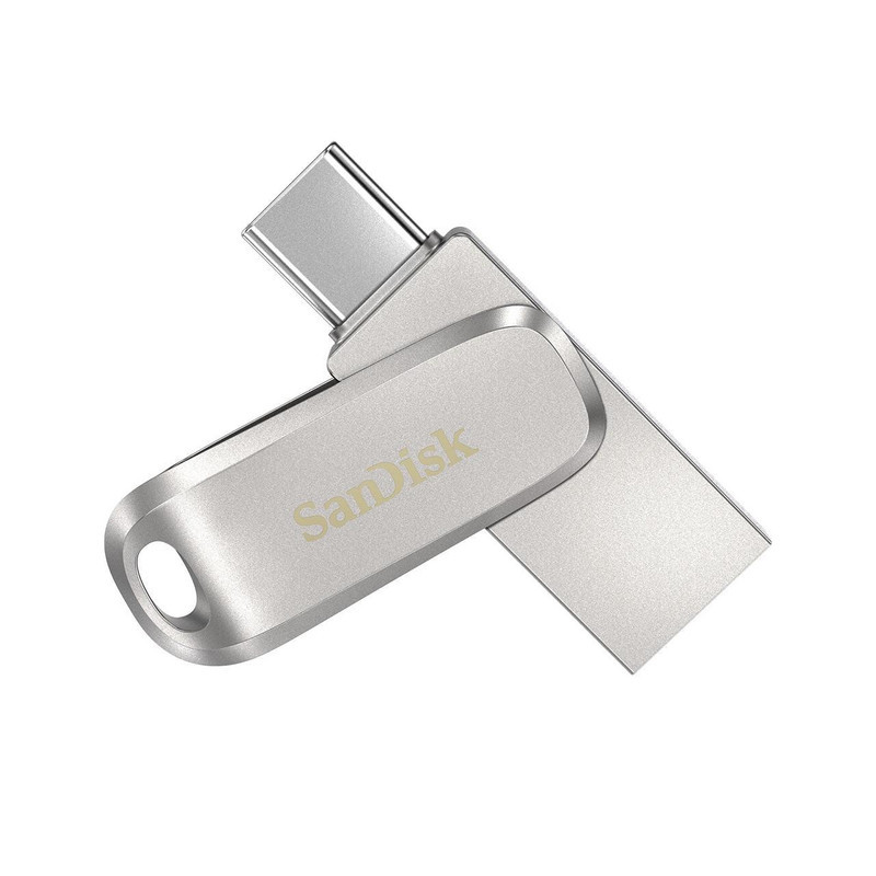 فلش مموری سن دیسک مدل Dual Drive Luxe ظرفیت 128 گیگابایت با طراحی چرخشی، دو رابط USB Type-C و USB Type-A، سرعت انتقال 150 مگابایت بر ثانیه، بدنه فلزی و سازگار با موبایل، تبلت، کامپیوتر و تلویزیون