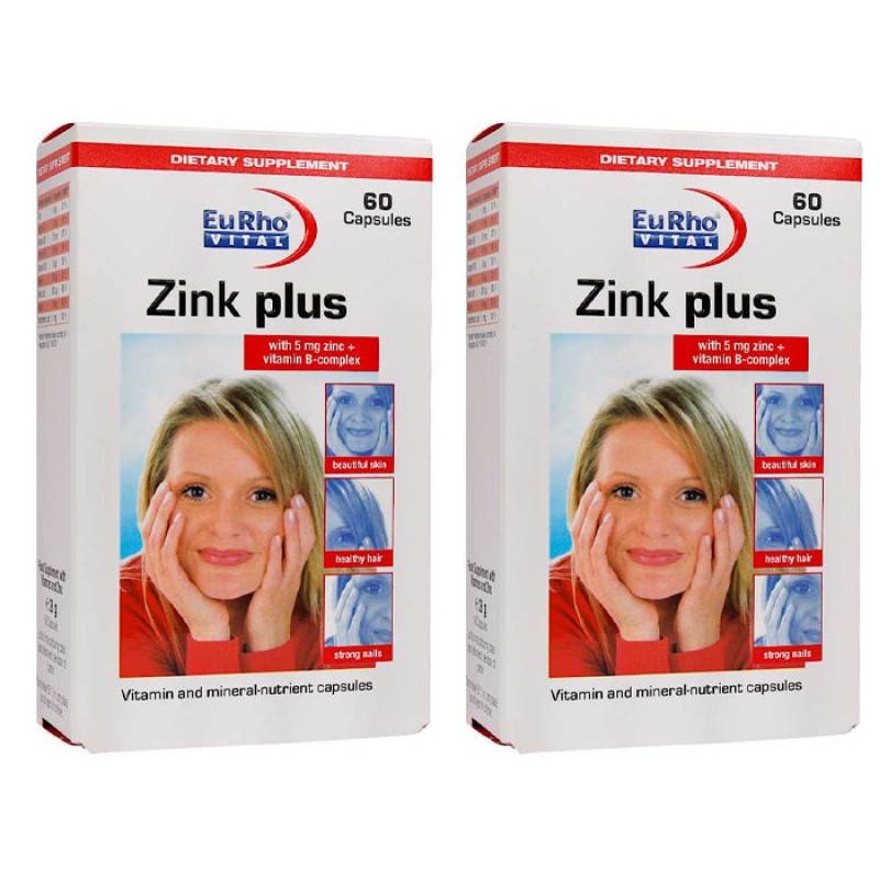 کپسول زینک پلاس یوروویتال مدل Zink plus دو بسته 60 عددی تقویت مو، ناخن و ترمیم پوست، حفظ استحکام پوست و ضد ریزش مو