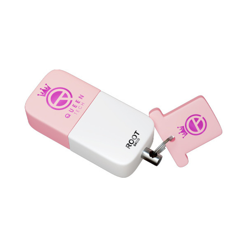 فلش مموری کوئین تک مدل ROOT ظرفیت 64 گیگابایت با رابط USB 2.0 و سرعت خواندن 25 مگابایت بر ثانیه، طراحی درپوش‌دار و بند آویز، سازگار با تمام سیستم‌عامل‌ها و دستگاه‌های مختلف
