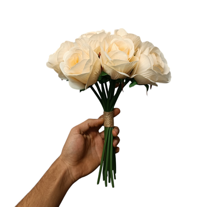 دسته گل مصنوعی رز هلندی 12 عددی با گل‌های پارچه‌ای قطر 7 سانتی‌متر، ساقه سیمی قابل انعطاف، مناسب گلدان رومیزی و دسته گل عروس