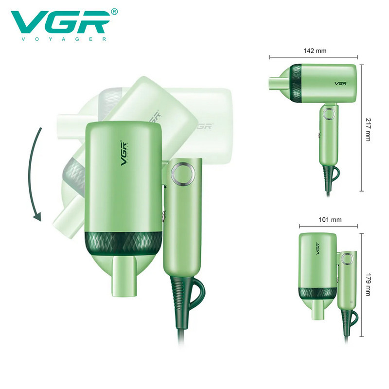 سشوار مسافرتی 1200 وات وی جی ار مدل 421، موتور DC، وزن 342 گرم، دارای سری متمرکز‌کننده باریک با ویژگی صاف‌کنندگی، با قابلیت باد سرد