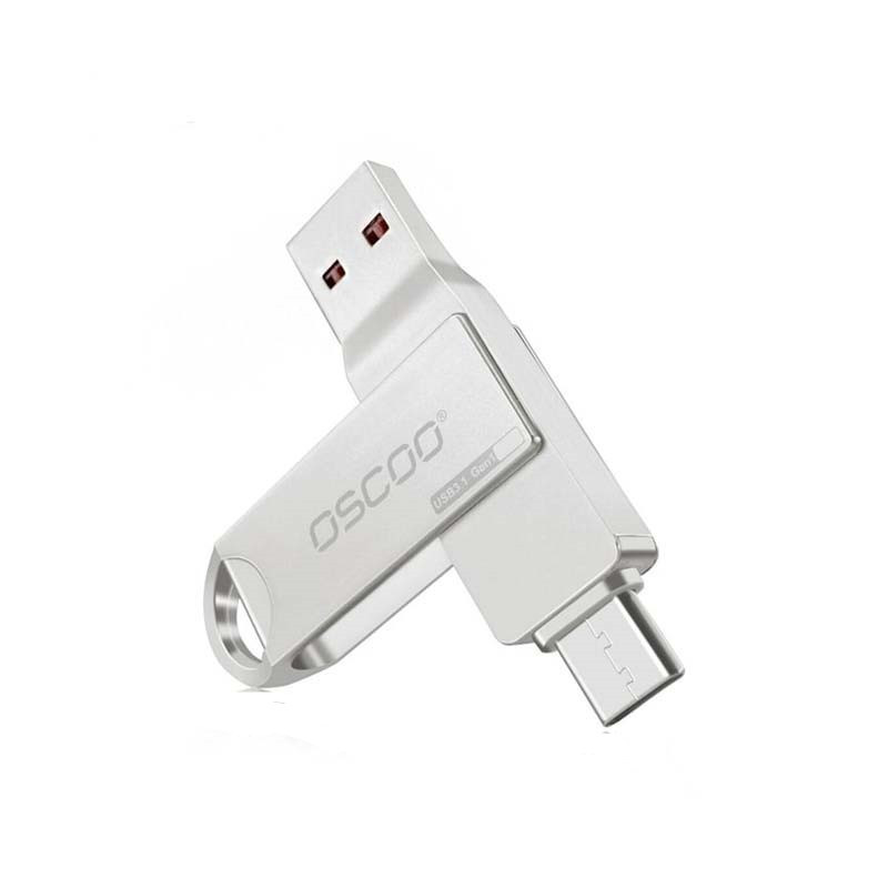فلش مموری دو سر اتصال اوسکو مدل CU-002 ظرفیت 64 گیگابایت با پورت USB 3.1 و تایپ سی، بدنه فلزی چرخشی 360 درجه، مقاوم در برابر ضربه، شوک و گرد و غبار، سازگار با ویندوز، اندروید، مک و لینوکس