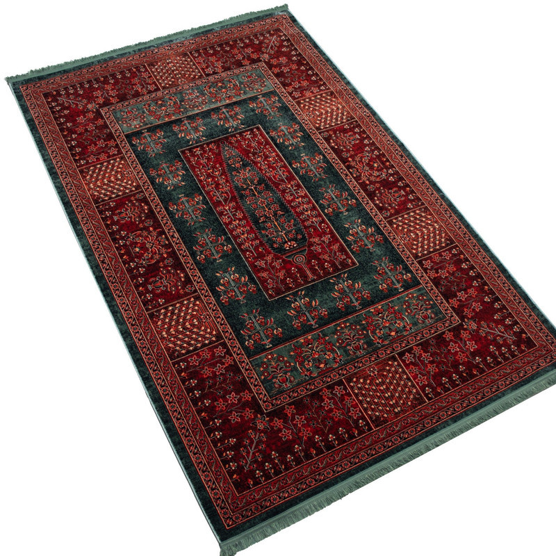 فرش ماشینی 700 شانه فرش ابریشمی کرامتیان زمینه سبز حاشیه لاکی مدل طرح سرو جاودان کد 5106B