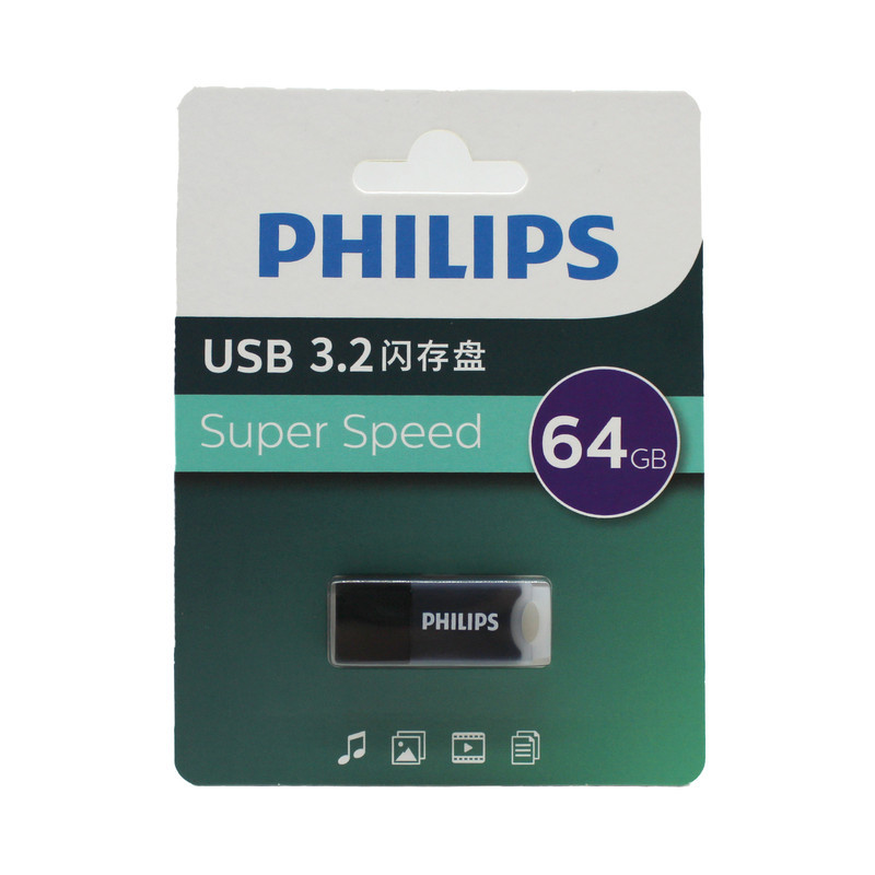 فلش مموری فیلیپس مدل FM10UA-B 3.2 ظرفیت 64 گیگابایت با رابط USB 3.2 Gen1، سرعت خواندن تا 130 مگابایت بر ثانیه، سازگار با ویندوز، مک و لینوکس، طراحی درپوش‌دار و مقاوم در برابر خش و اثر انگشت