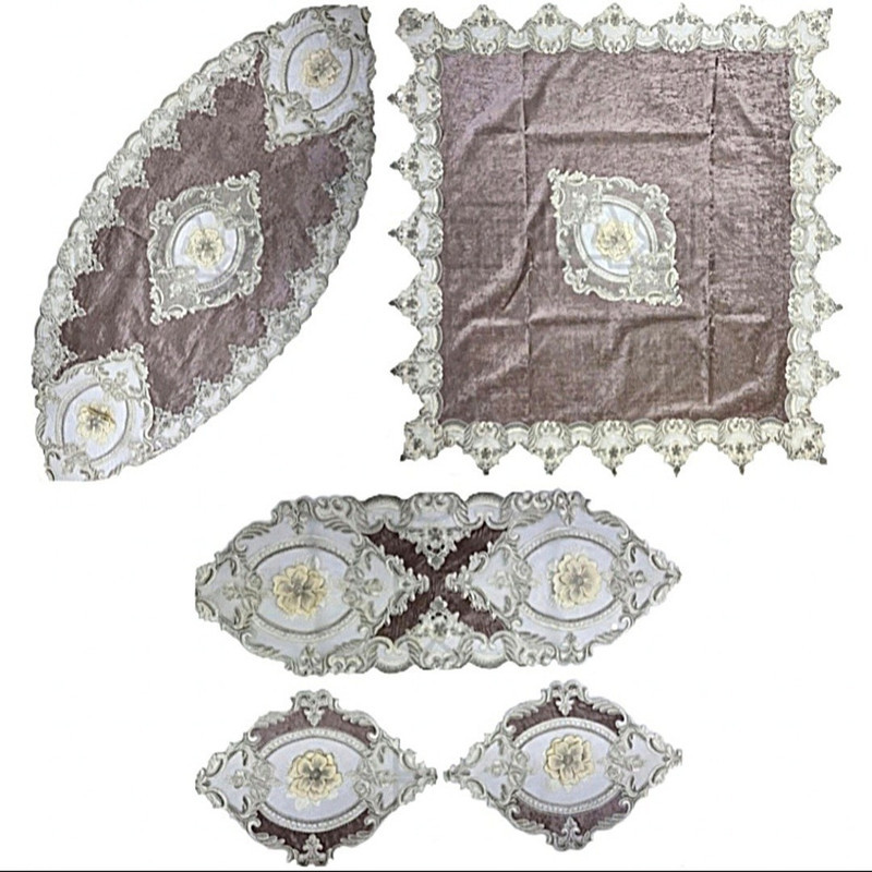 ست رومیزی 5 تکه مدل مخمل طرح دانتل گل برجسته