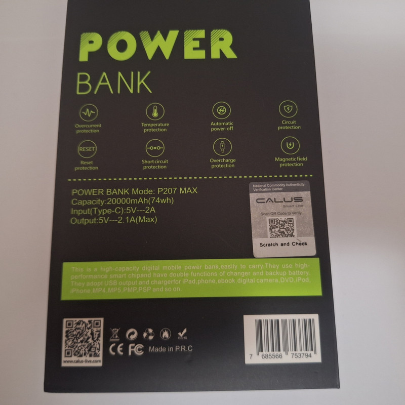 پاوربانک کالوس مدل P207 max ظرفیت 20000 میلی آمپر ساعت