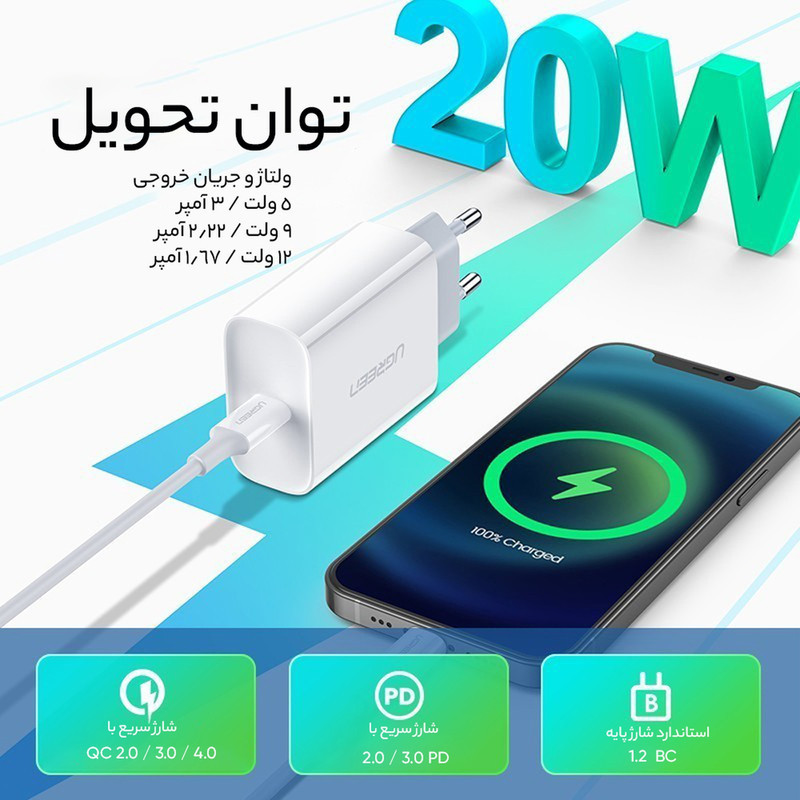 شارژر دیواری 20 وات یوگرین مدل 50698 به همراه کابل لایتنینگ