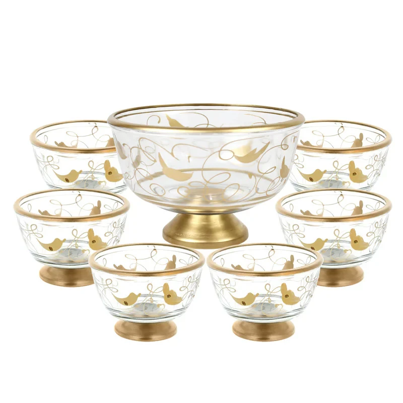 مجموعه 7 عددی انارخوری شیشه‌ای مدل DG400 با پایه فلزی، شامل کاسه بزرگ 16cm و کاسه‌های کوچک 9cm، مناسب استفاده غیرماشین ظرفشویی