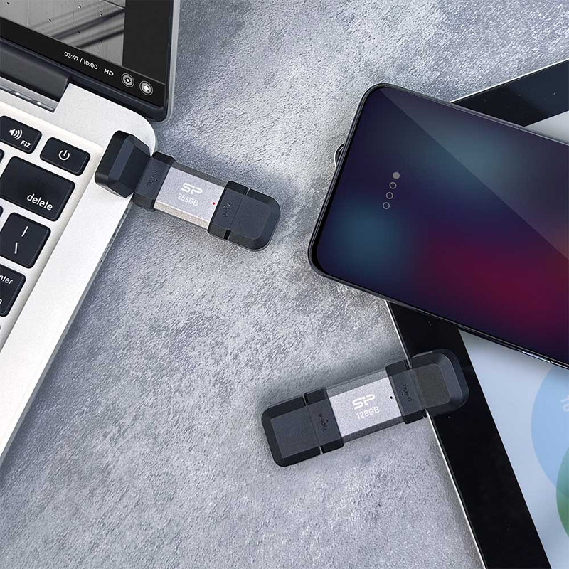 فلش مموری OTG سیلیکون پاور مدل C51 ظرفیت 128 گیگابایت با رابط USB3.2 Type-A و Type-C، مقاوم در برابر ضربه، شوک و گرد و غبار، مناسب تلفن همراه و لپ‌تاپ